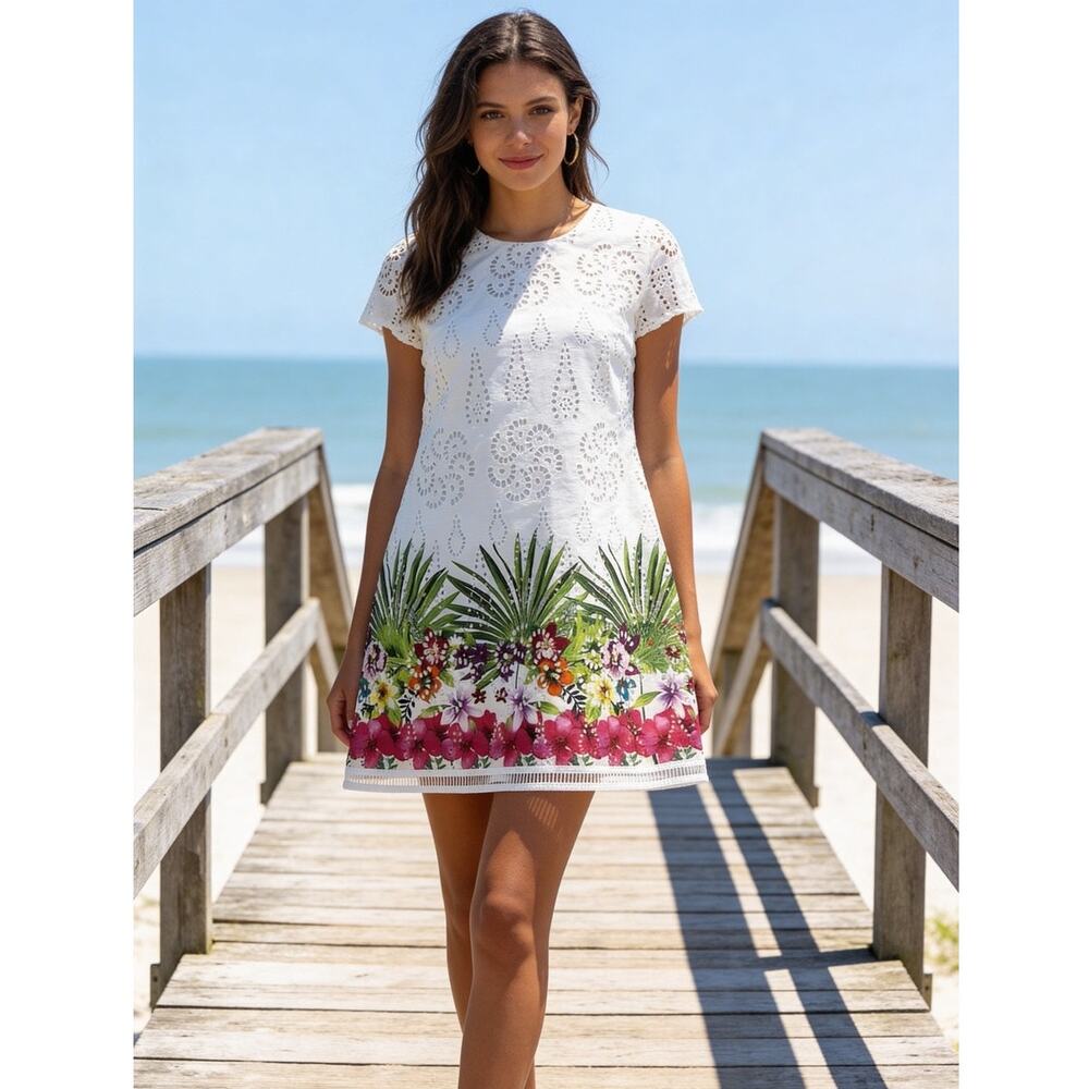 Desigual White Eyelet Sheath Dress Size 8 EU 42 Floral Design Vest Denver